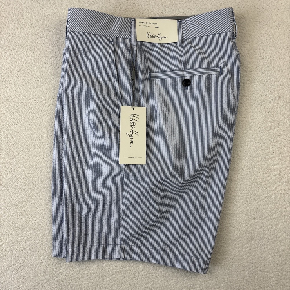 NEW WALTER‎ HAGEN Mens Seersucker Shorts Size 36 Blue 9" Stretch Performance NWT
